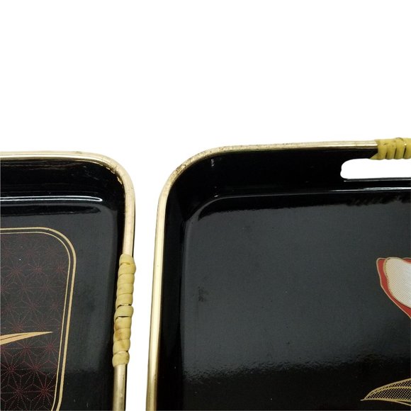 Vintage Serving Trays Wrapped Handles Iris Barware Lacquer Black Gold Japan - Picture 9 of 12